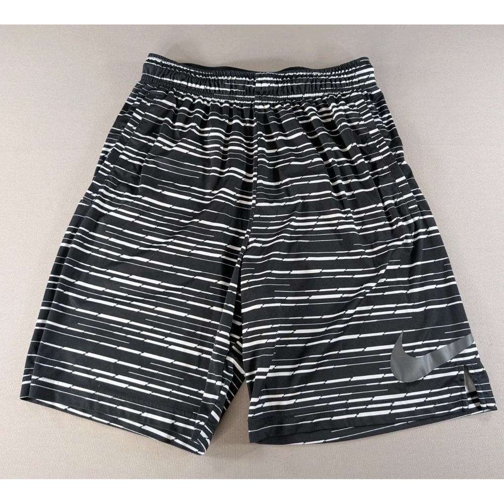 Nike Dri-FIT Shorts Mens Medium Black White Striped Swoosh Athletic 7"